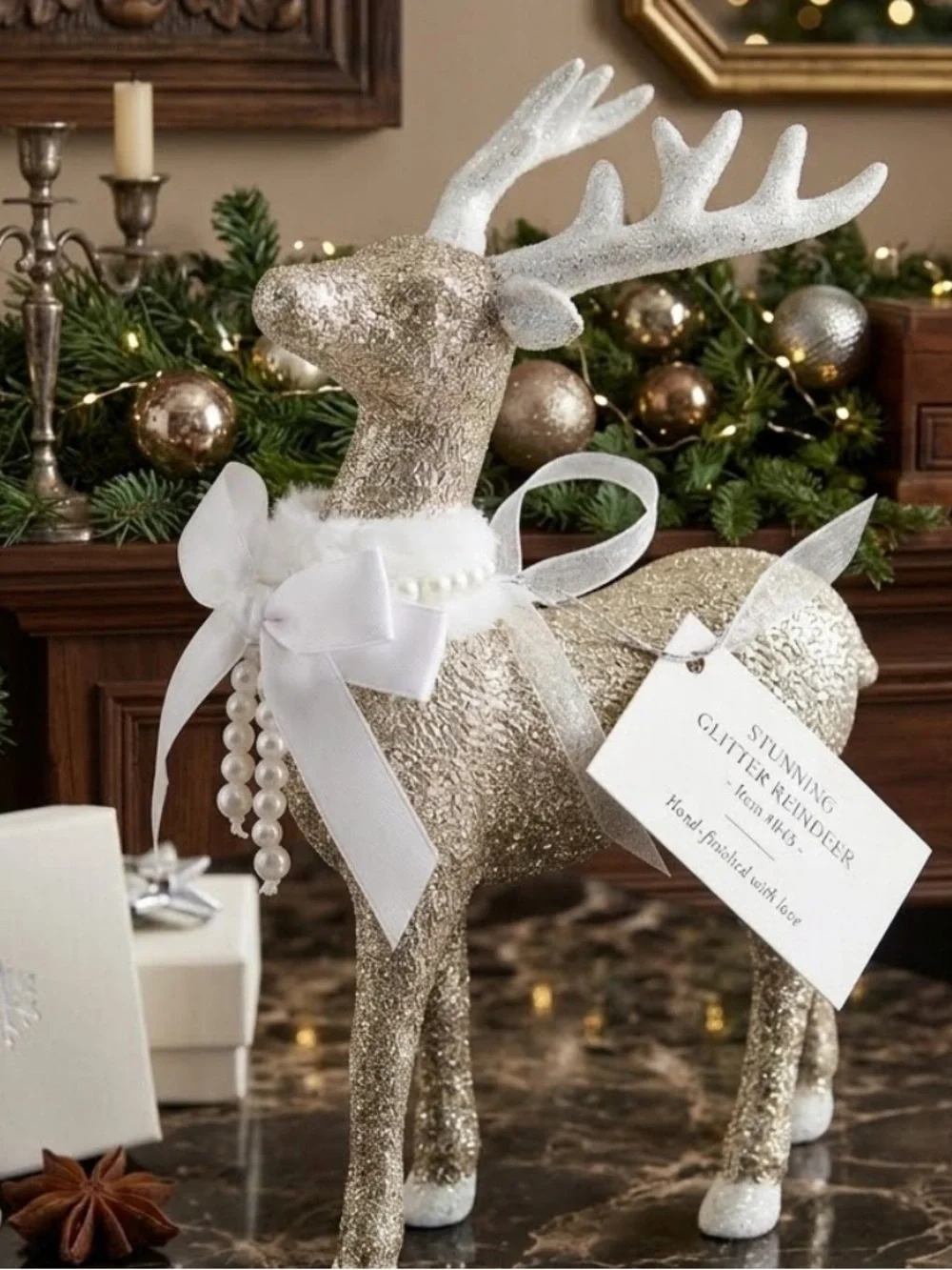 Elegant Gold Glitter Reindeer Figurine Holiday Decor White Ribbon Pearl & Fur